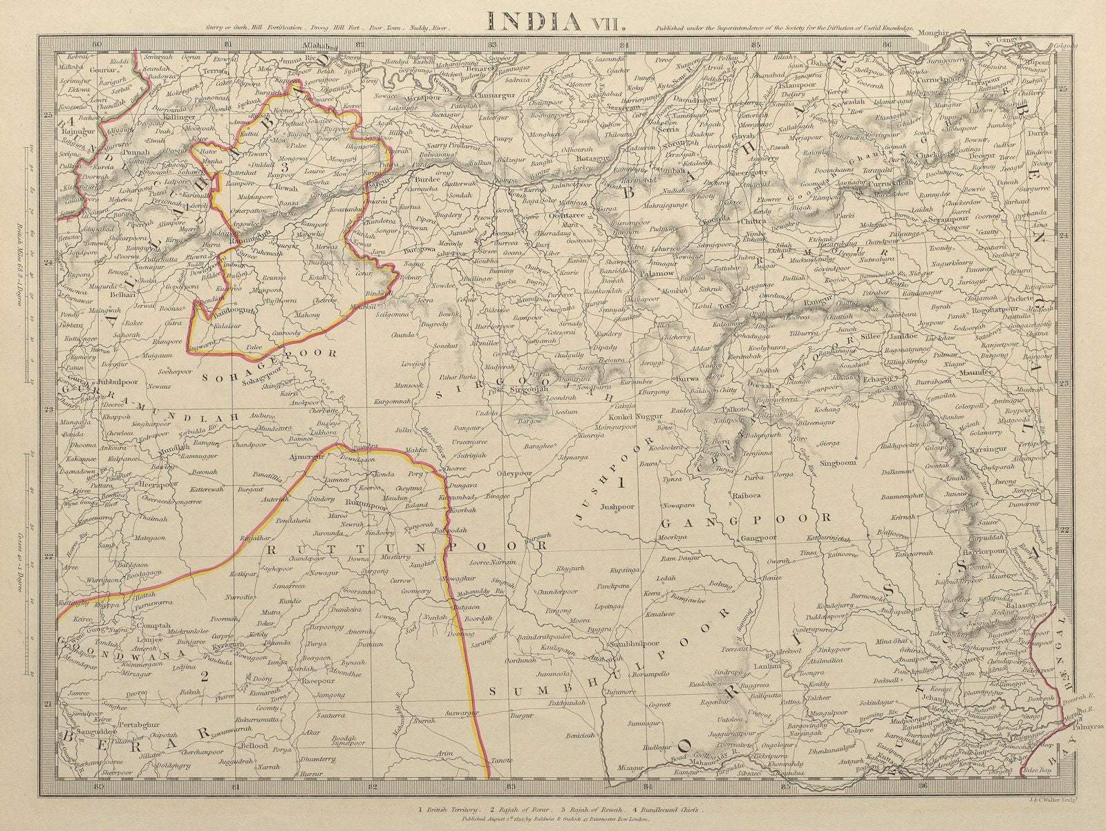 INDIA.Allahabad to Bay of Bengal.Bahar. Berar Orissa Ruttunpoor.SDUK 1844 map